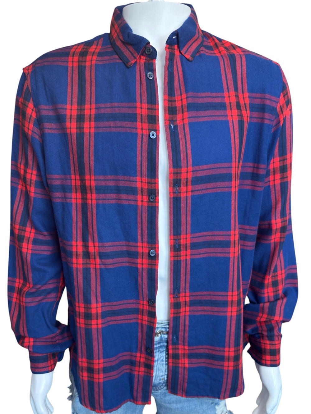 H&M Men's Blue and Red Plaid Button-Up Shirt